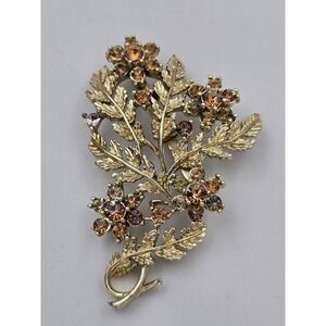 Vintage Coro Gold Tone Rhinestone Flower Leaf Brooch Pin Aurora Borealis